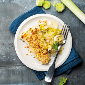 Merlu gratiné façon bordelaise et fondue de poireaux