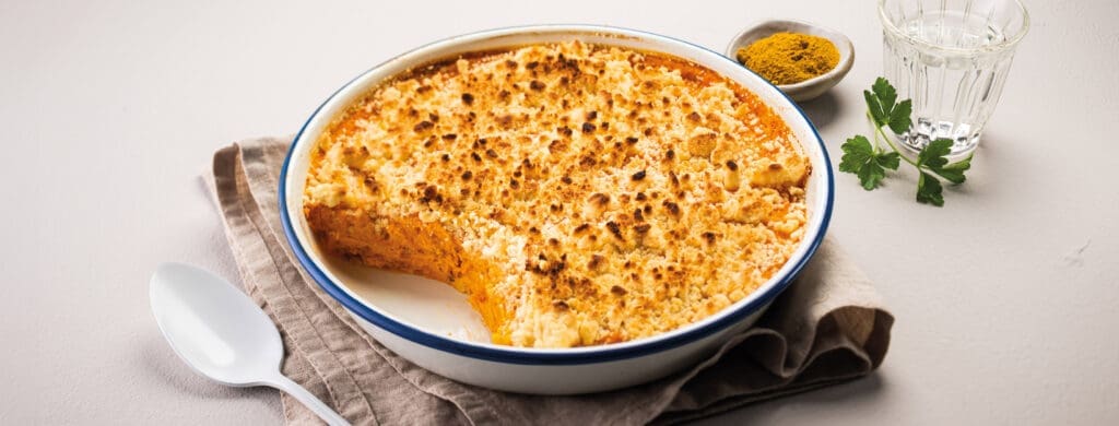 Crumbles are mostly known as desserts, but this one is savoury, and yet still sweet.