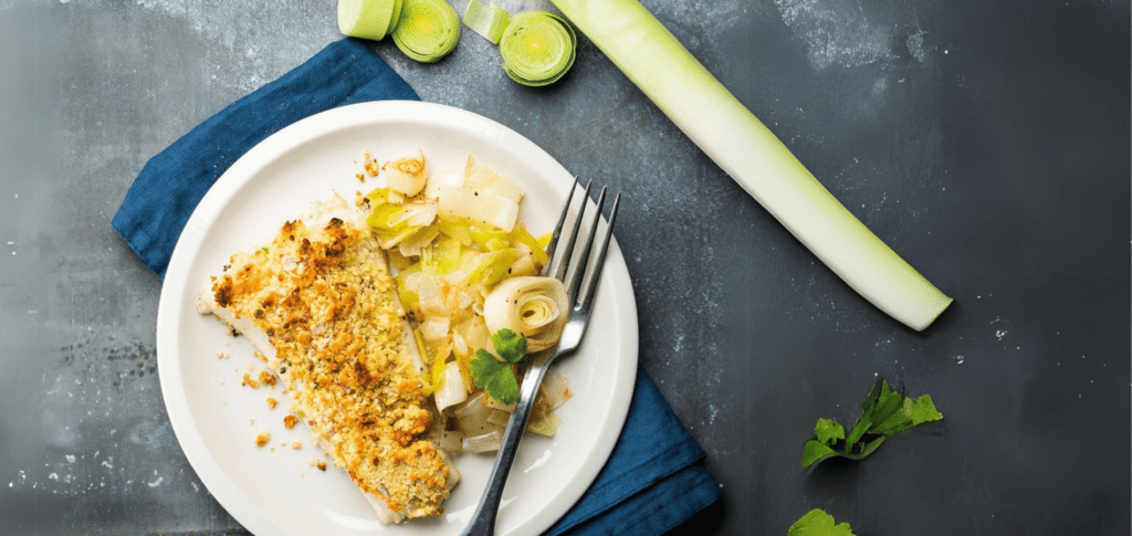 Merlu gratiné façon bordelaise et fondue de poireaux